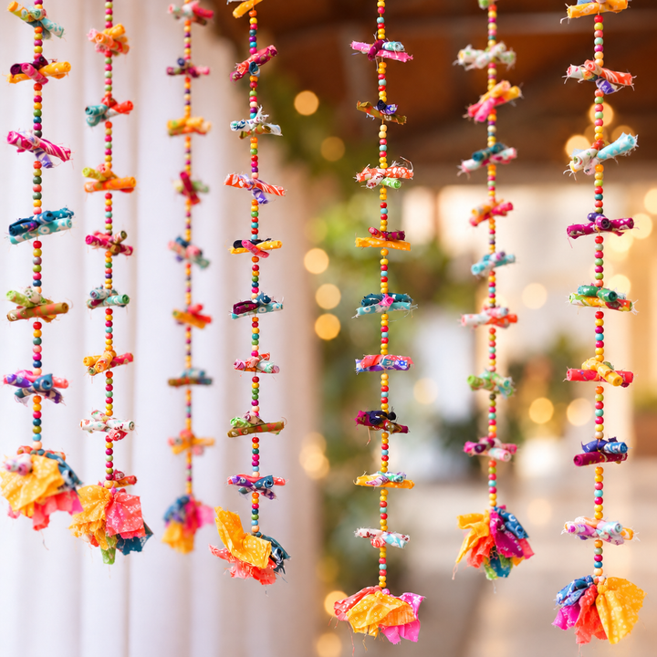 2 pc | Upcycled Multicolour Chindi Fabric Door Hangings with Wooden Beads