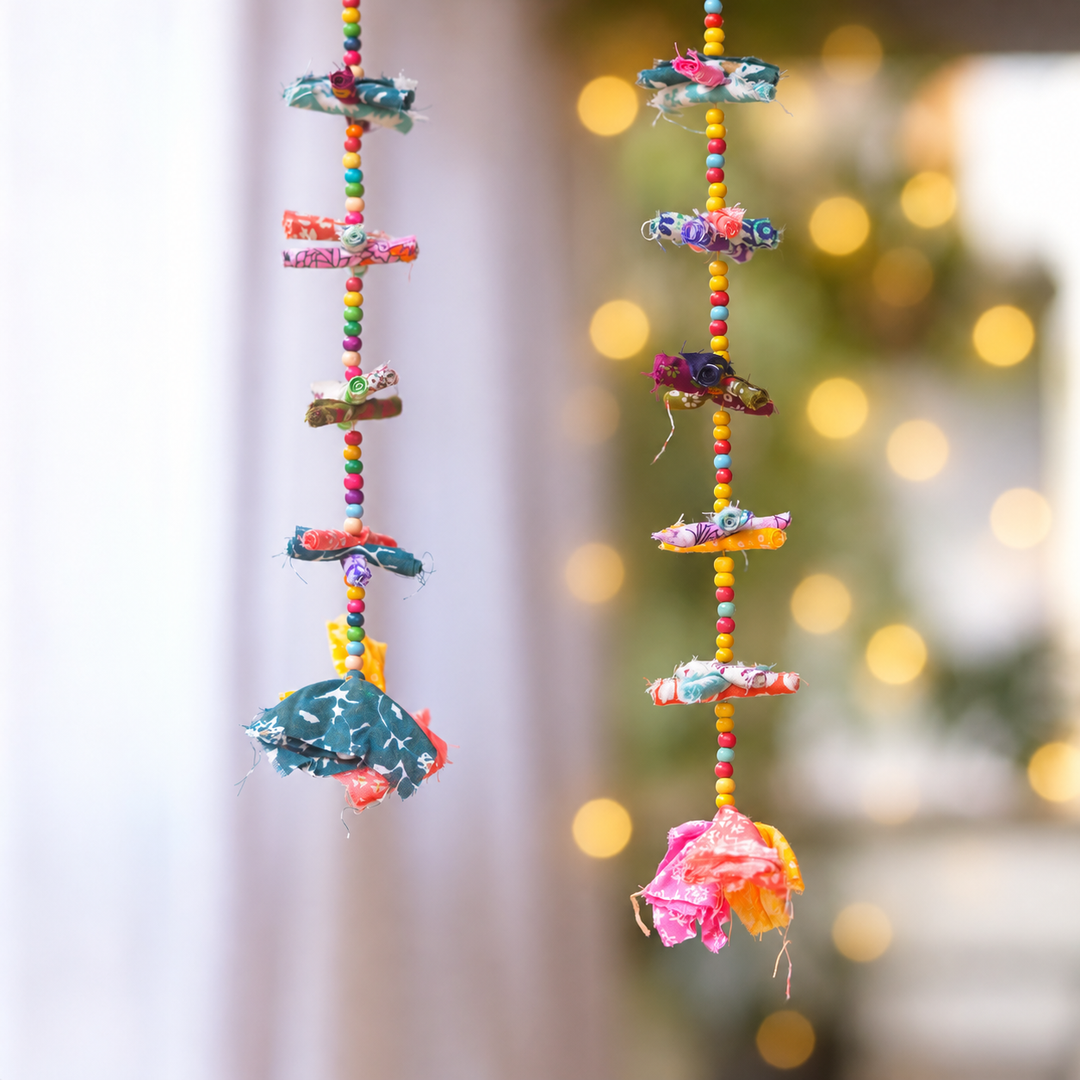 2 pc | Upcycled Multicolour Chindi Fabric Door Hangings with Wooden Beads
