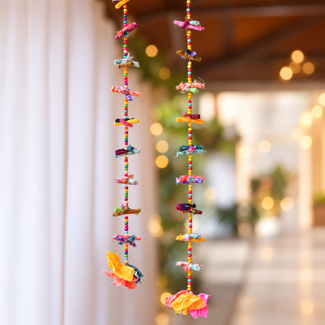2 pc | Upcycled Multicolour Chindi Fabric Door Hangings with Wooden Beads