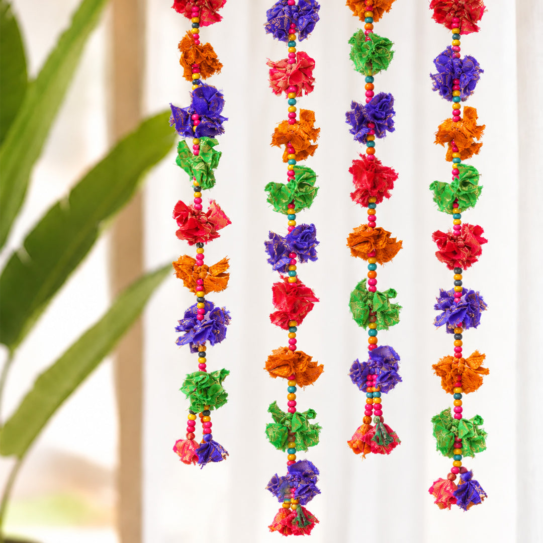 2 pc | Upcycled Multicolour Chindi Fabric Phool Door Hangings With Wooden Beads