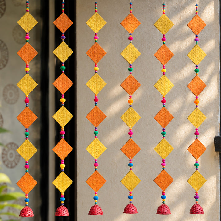 2 Pc | Handmade Woven Chatai Design Bamboo Hanging With Wooden Beads & Pom Poms