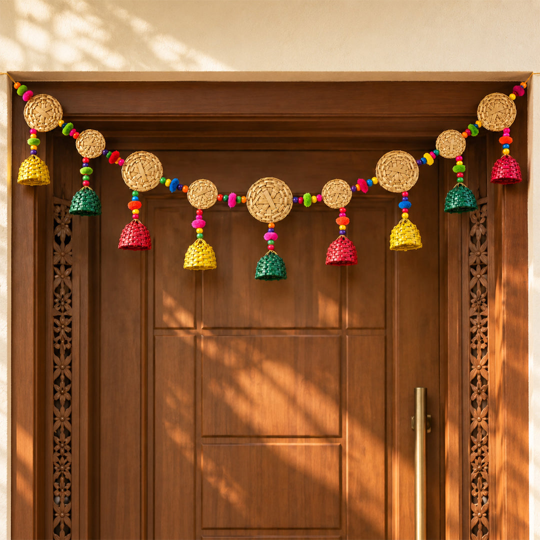 45 Inch | Handmade Woven Basket Design Bamboo Toran With Wooden Beads & Pom Poms