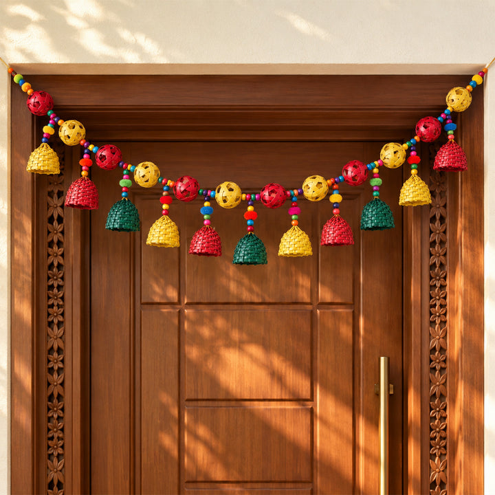 45 Inch | Handmade Woven Ball Design Bamboo Toran With Wooden Beads & Pom Poms