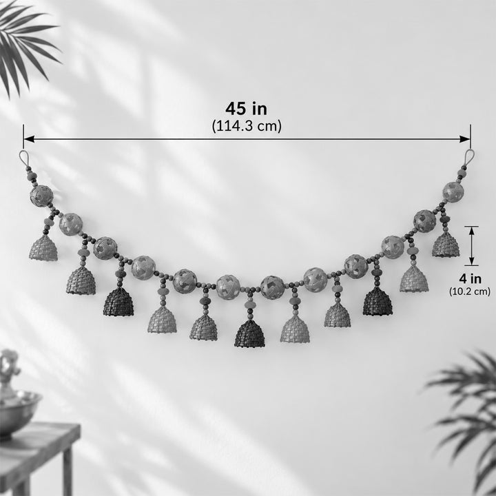 45 Inch | Handmade Woven Ball Design Bamboo Toran With Wooden Beads & Pom Poms