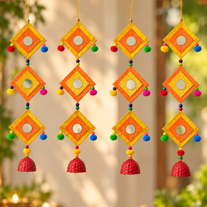 2 Pc | Handmade Woven Chatai Dual Colour Design Bamboo Hanging With Wooden Beads & Pom Poms
