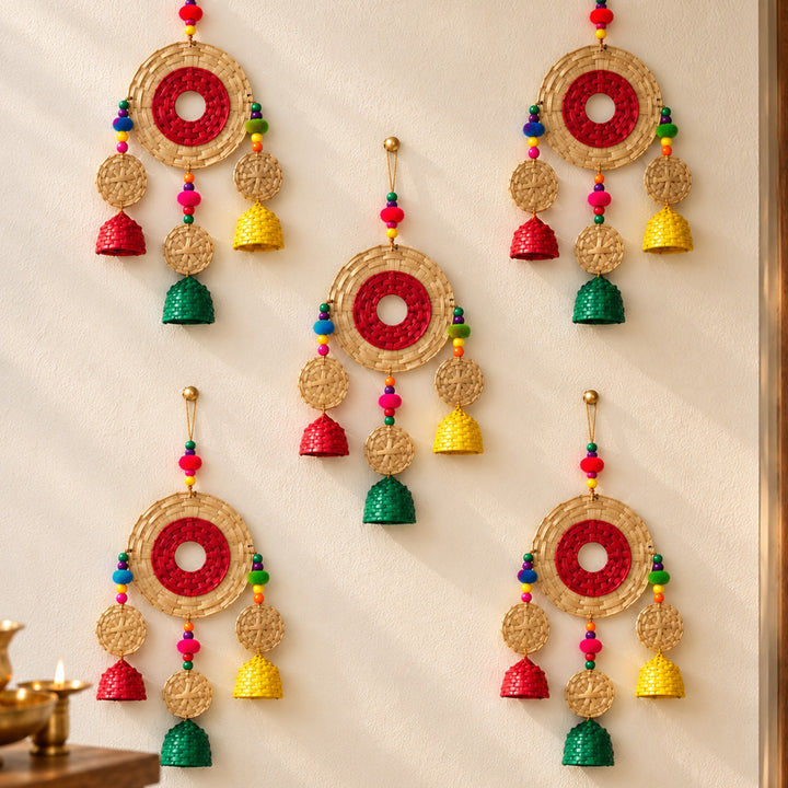 2 Pc | Handmade Woven Circular Basket Design Bamboo Hanging With Wooden Beads & Pom Poms