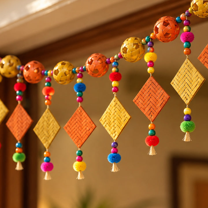 45 Inch | Handmade Woven Ball & Chatai Design Bamboo Toran With Wooden Beads & Pom Poms