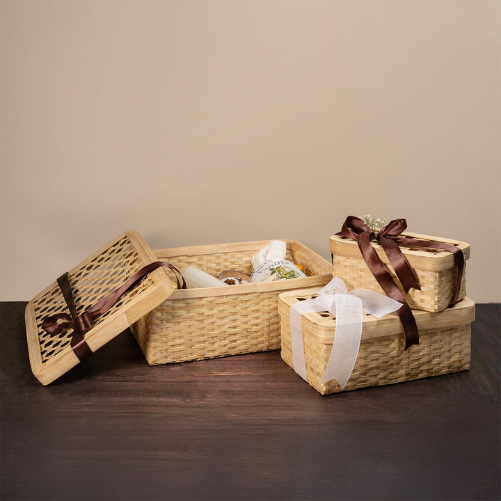 Set Of 3 "Mira" Handcrafted Hexagonal Weave Bamboo Rectangular Gift Box For Storage And Gifting