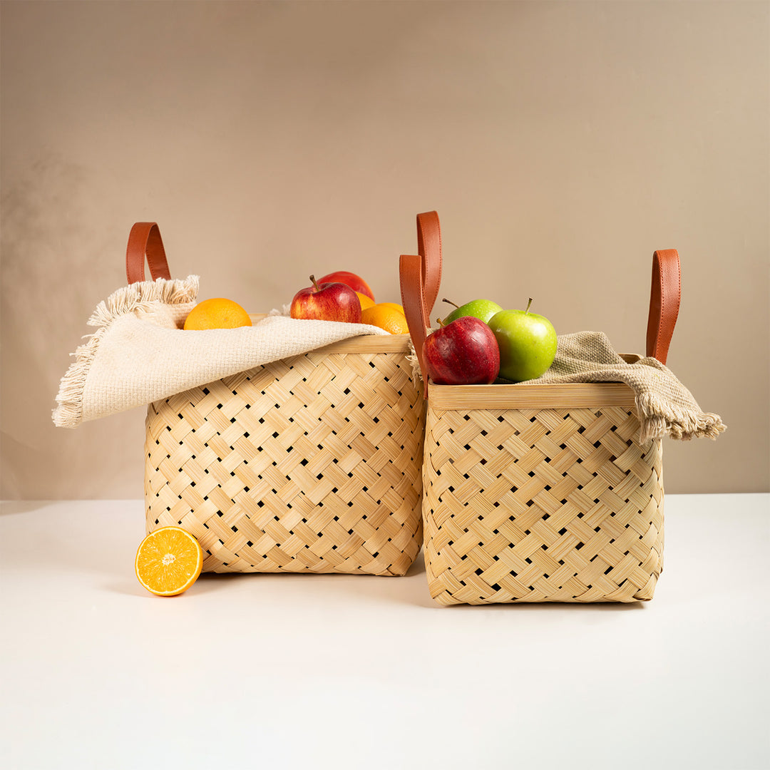 Set of 2 | "Eira" Handwoven Bamboo Basket With Rexine Handles For Home Storage & Gifting