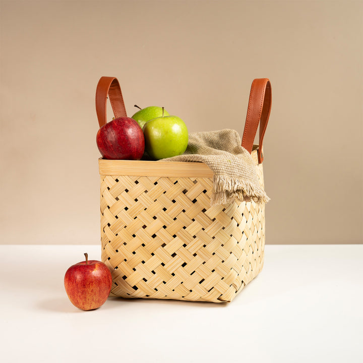 Set of 2 | "Eira" Handwoven Bamboo Basket With Rexine Handles For Home Storage & Gifting