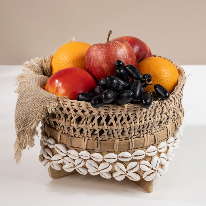 "Kora" Handwoven Shell-Detailed Bamboo Basket For Home Storage & Gifting