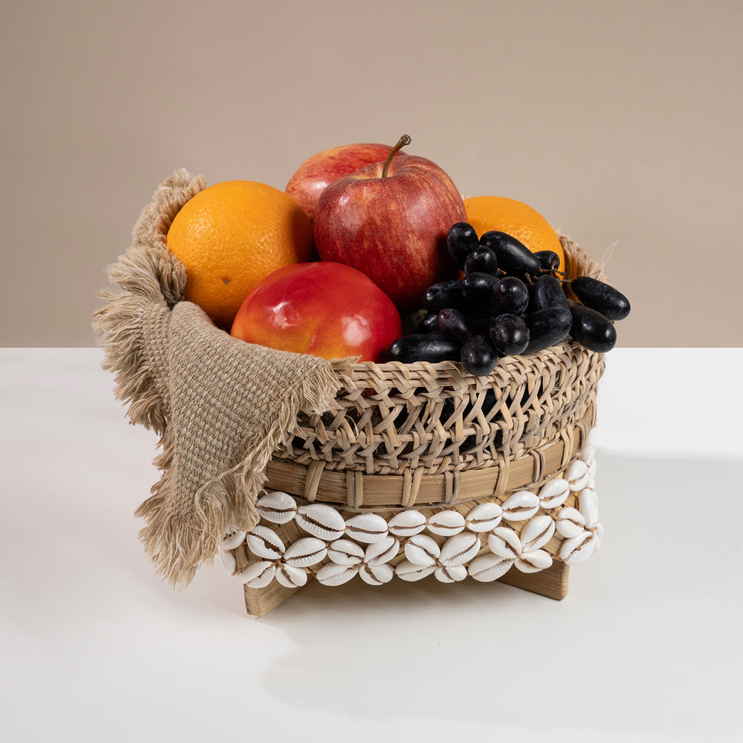 "Kora" Handwoven Shell-Detailed Bamboo Basket For Home Storage & Gifting