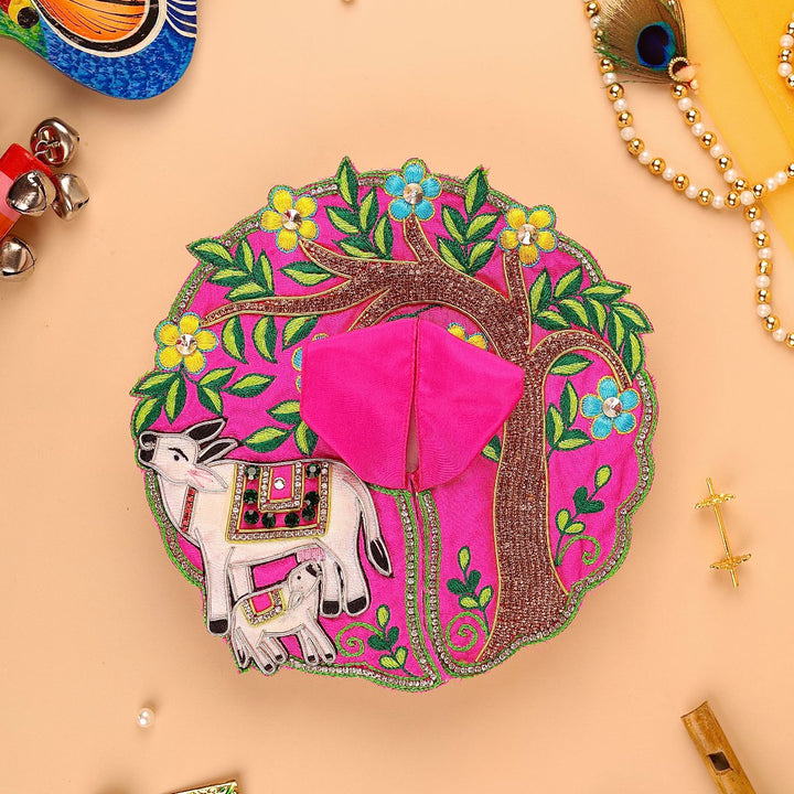 Hand Embroidered Zardozi Vrindavan Forest Cow Design Art Silk Laddu Gopal Poshak (Dress)