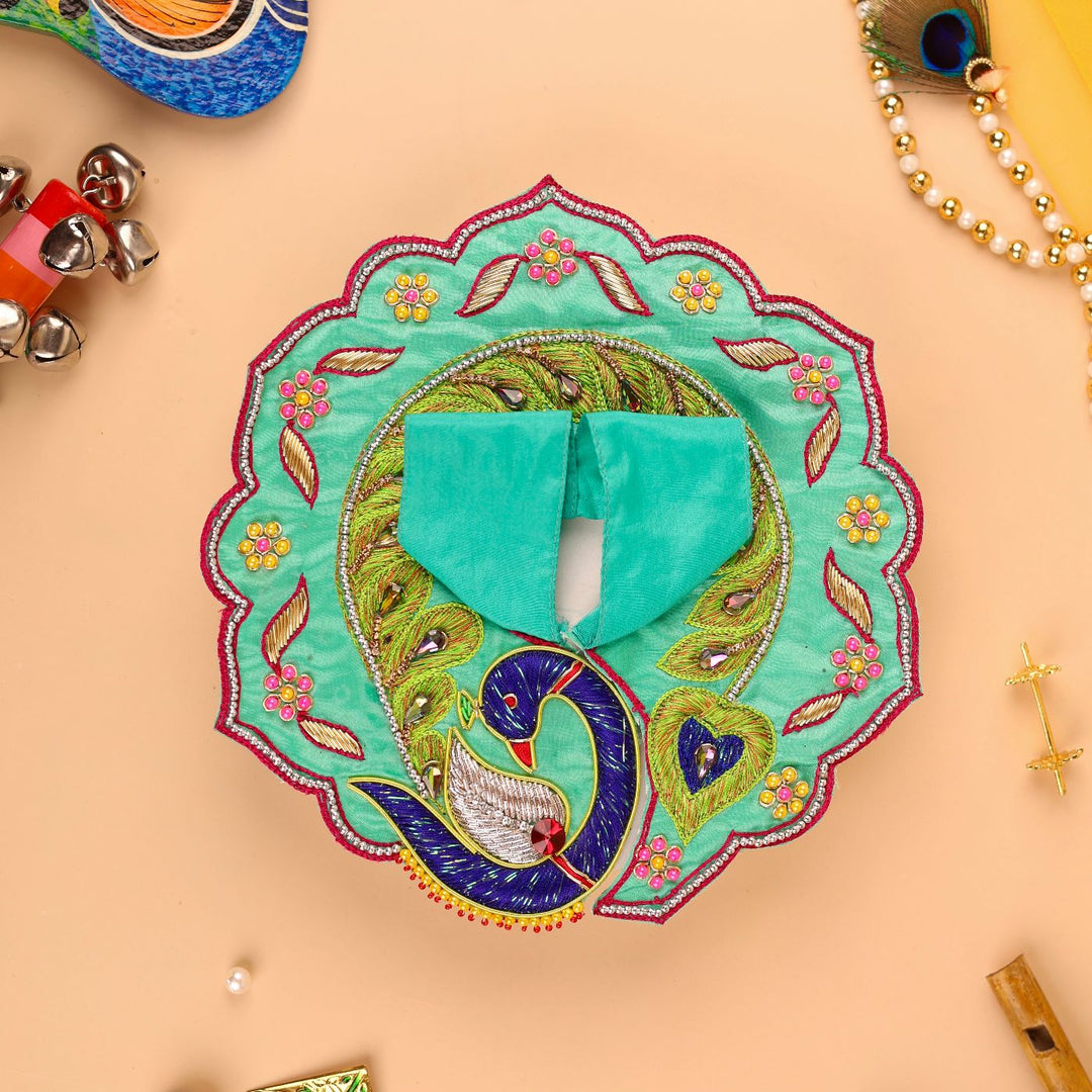 Hand Embroidered Zardozi Peacock Design Art Silk Laddu Gopal Poshak (Dress)