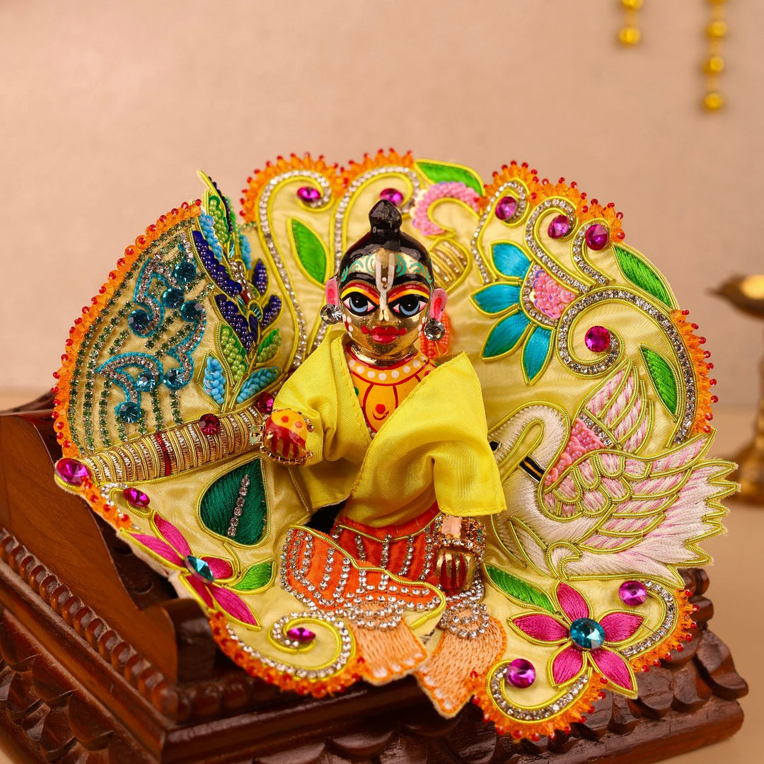 Hand Embroidered Zardozi Vrindavan Forest Cow Design Art Silk Laddu Gopal Poshak (Dress)