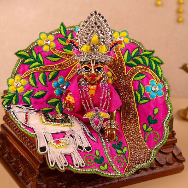 Hand Embroidered Zardozi Vrindavan Forest Cow Design Art Silk Laddu Gopal Poshak (Dress)