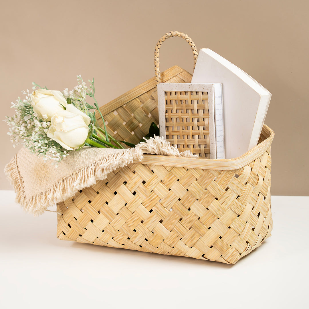Aven Handwoven Bamboo Basket With Handles For Home Storage & Gifting