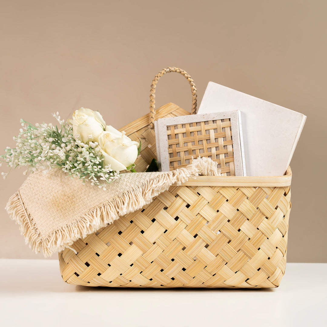 Aven Handwoven Bamboo Basket With Handles For Home Storage & Gifting