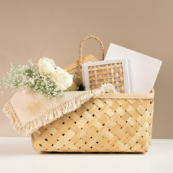 Aven Handwoven Bamboo Basket With Handles For Home Storage & Gifting