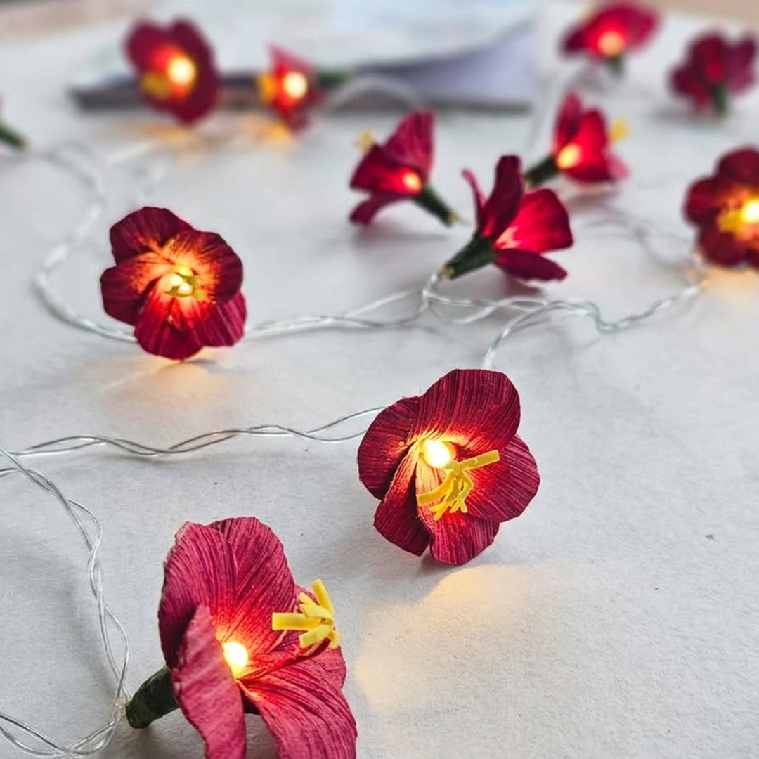 Handmade Hibiscus Arecanut Culm Flower LED Fairy Light For Festive Decor