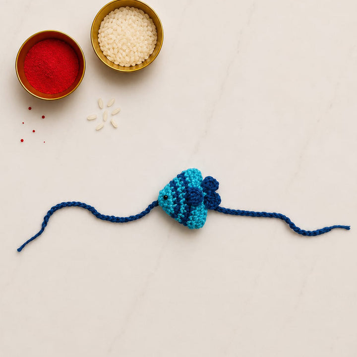 Handmade Crochet Fish Theme Rakhi With Roli Chawal For Bhaiya
