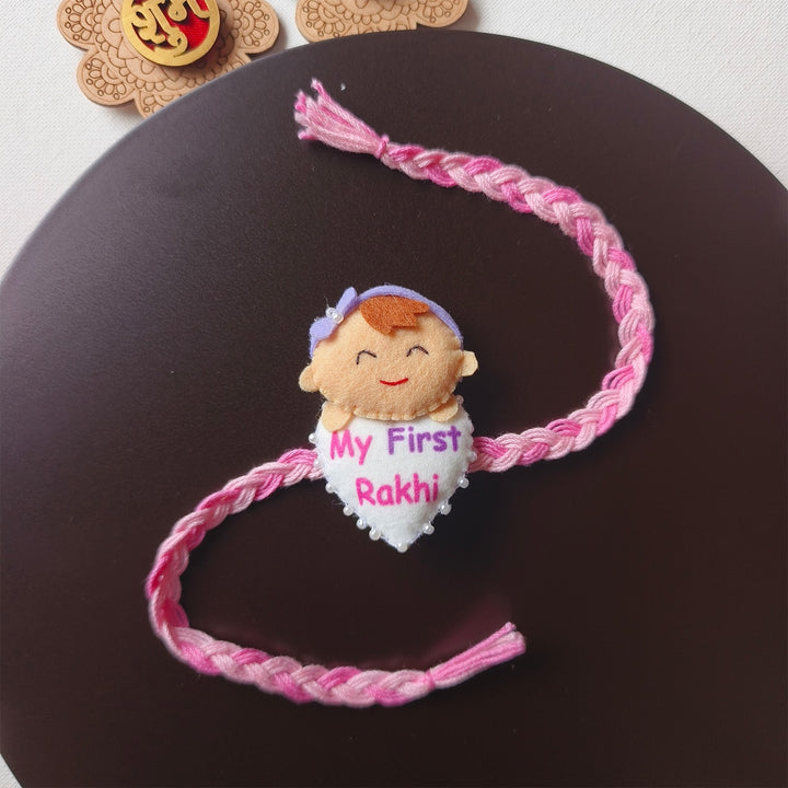 Handmade Felt Pink "My First Rakhi" With Roli Chawal For Baby