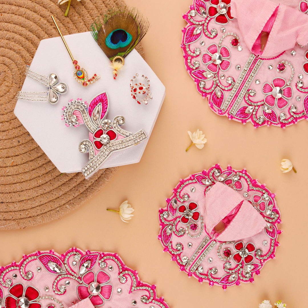 Hand Embroidered Zardozi Vrindavan Phool Bangla Inspired Art Silk Laddu Gopal Poshak (Dress)