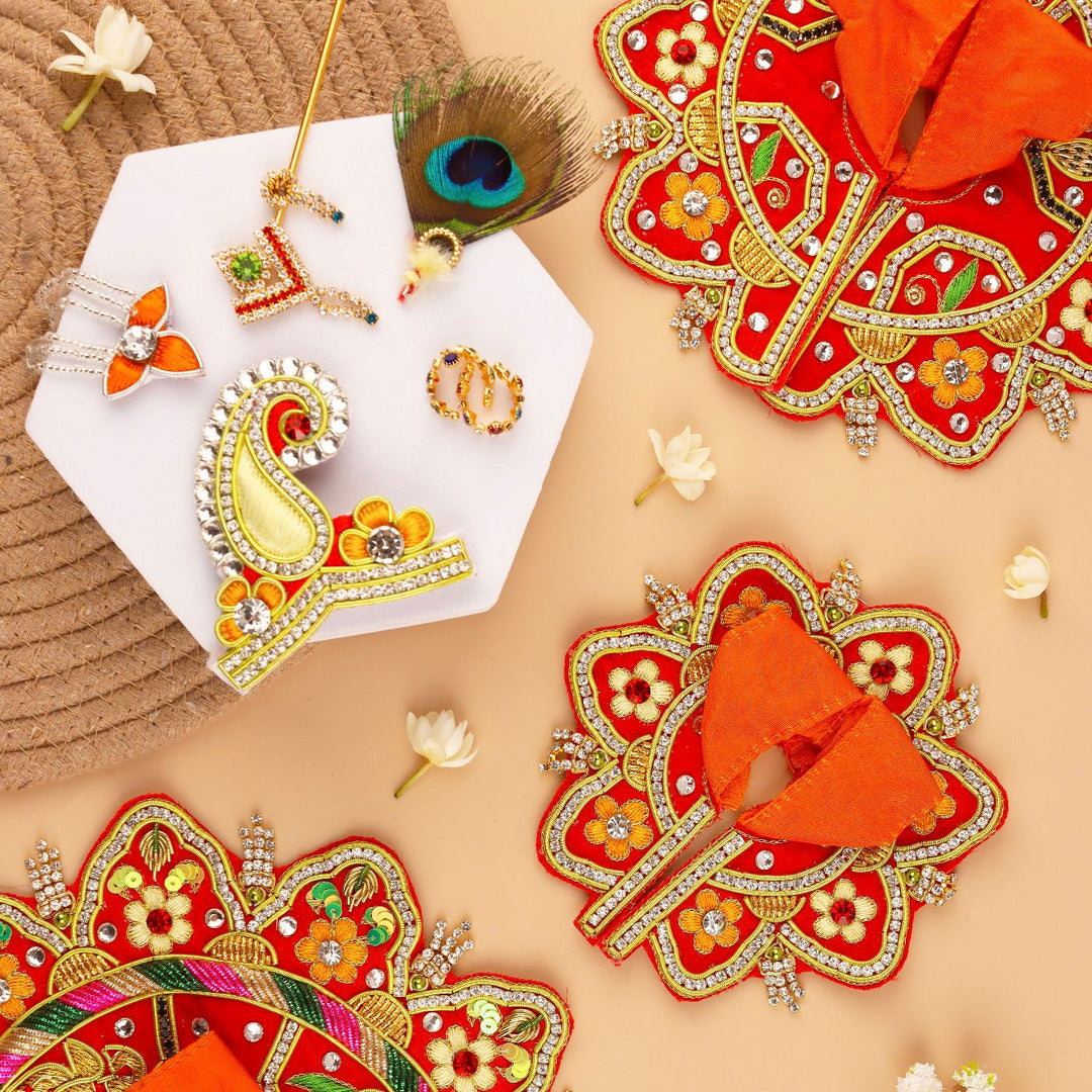 Hand Embroidered Zardozi Red Madhur Leela Art Silk Laddu Gopal Poshak (Dress) Set