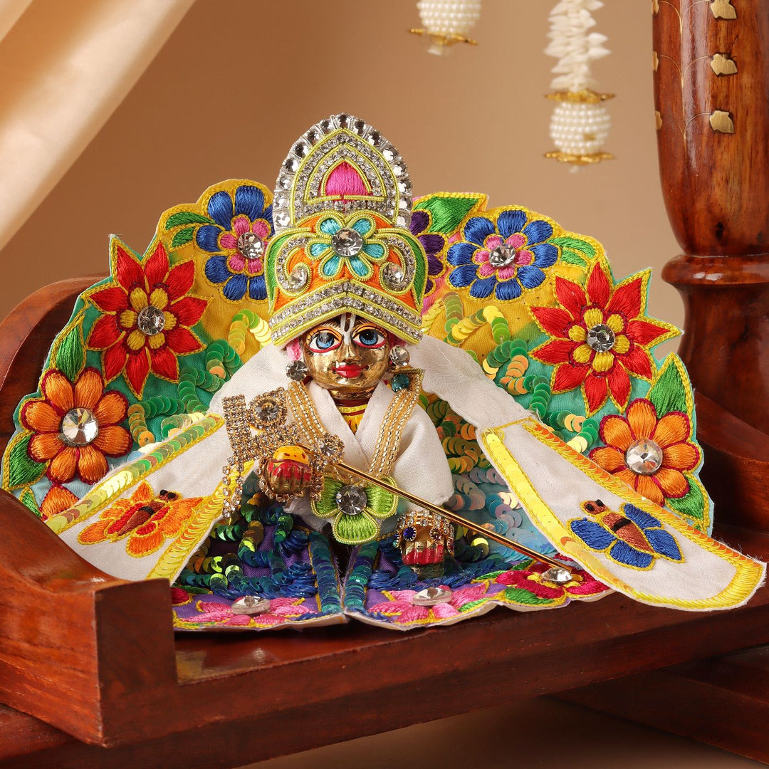 Hand Embroidered Zardozi Pushpavan Multicolor Art Silk Laddu Gopal Poshak (Dress) Set