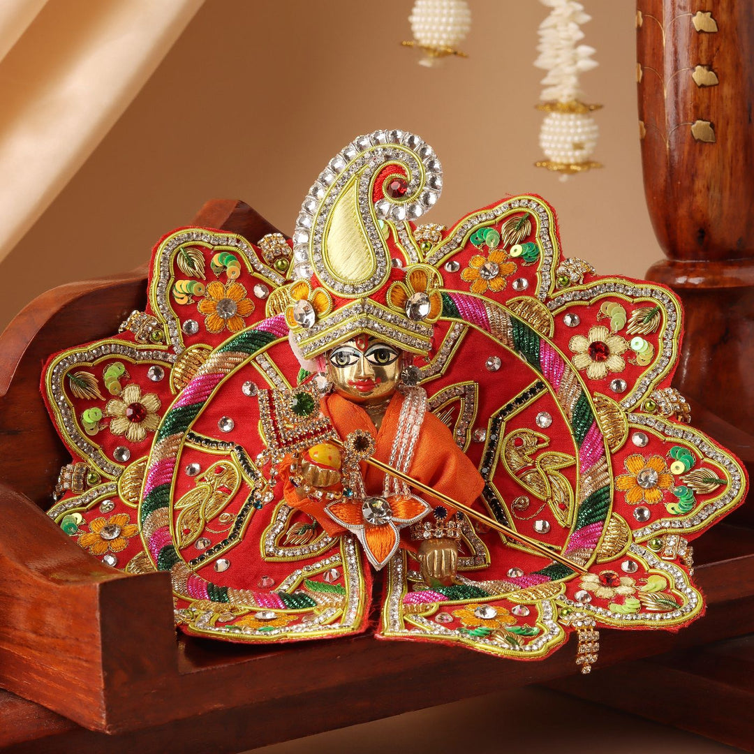 Hand Embroidered Zardozi Red Madhur Leela Art Silk Laddu Gopal Poshak (Dress) Set