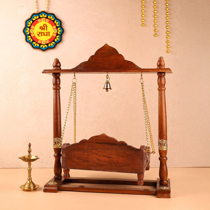 Hand Carved Gold-Tone Accent Ornate Cravings Wooden Laddu Gopal Jhula (Swing)