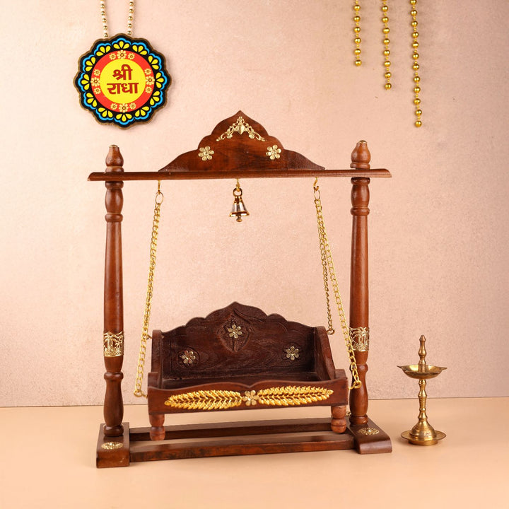 Hand Carved Gold-Tone Accent Ornate Cravings Wooden Laddu Gopal Jhula (Swing)