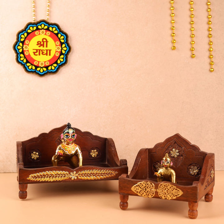 Hand Carved Gold-Tone Accent Ornate Cravings Wooden Laddu Gopal Jhula (Swing)