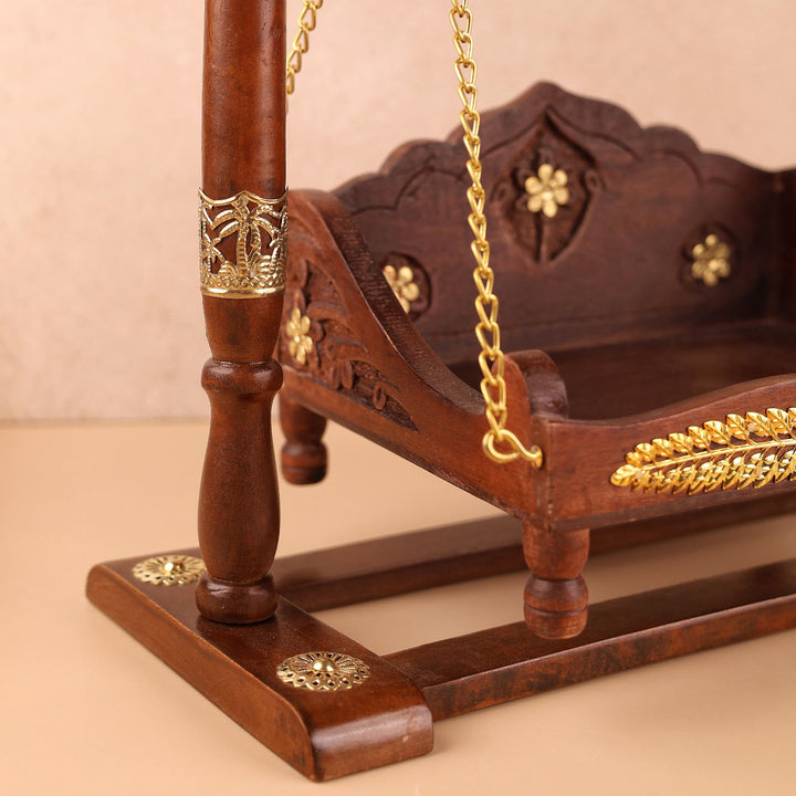 Hand Carved Gold-Tone Accent Ornate Cravings Wooden Laddu Gopal Jhula (Swing)