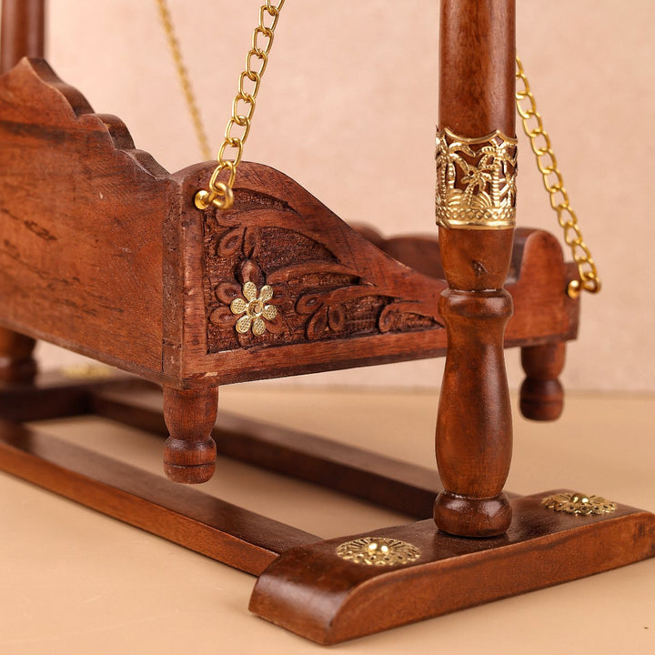 Hand Carved Gold-Tone Accent Ornate Cravings Wooden Laddu Gopal Jhula (Swing)