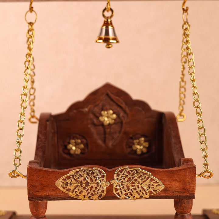 Hand Carved Gold-Tone Accent Ornate Cravings Wooden Laddu Gopal Jhula (Swing)