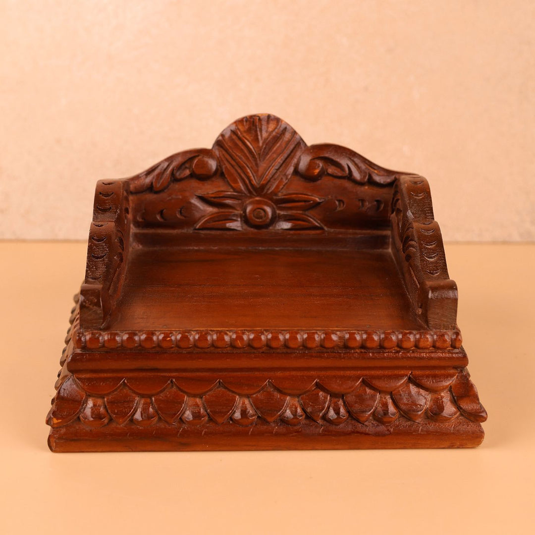 Hand Carved Intricate Floral And Leaf Carvings Wooden Laddu Gopal Singhasan