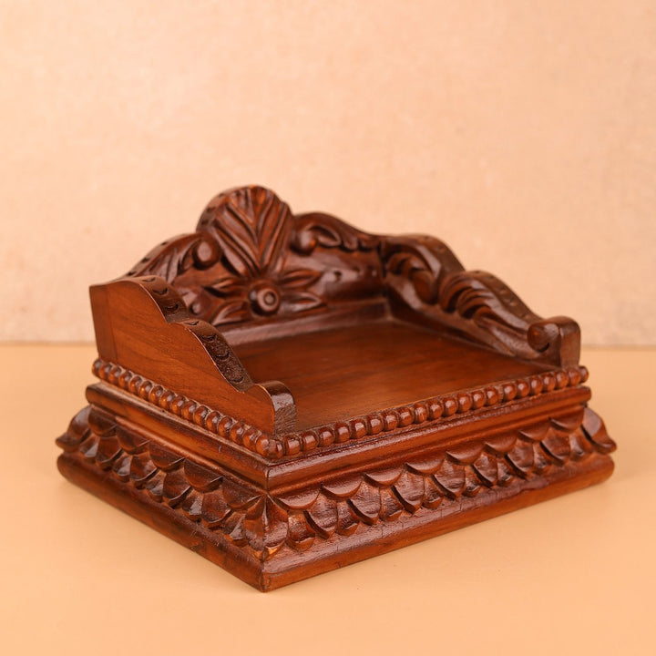 Hand Carved Intricate Floral And Leaf Carvings Wooden Laddu Gopal Singhasan