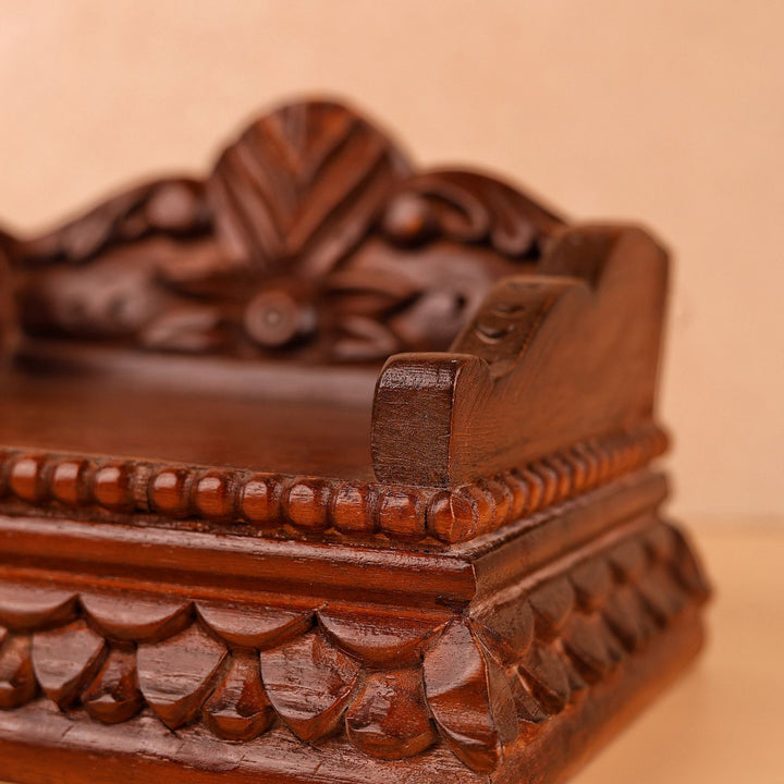 Hand Carved Intricate Floral And Leaf Carvings Wooden Laddu Gopal Singhasan