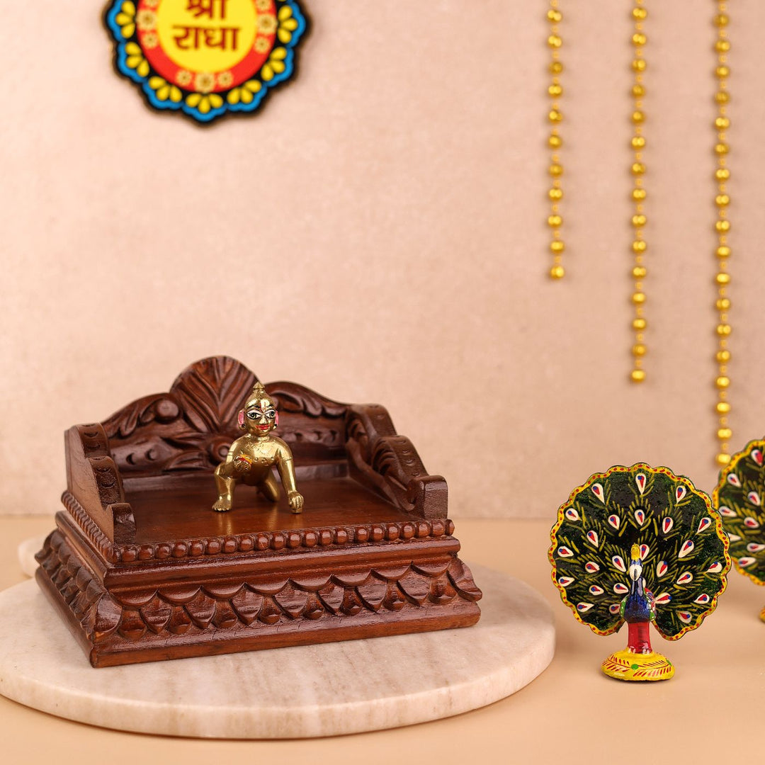 Hand Carved Intricate Floral And Leaf Carvings Wooden Laddu Gopal Singhasan