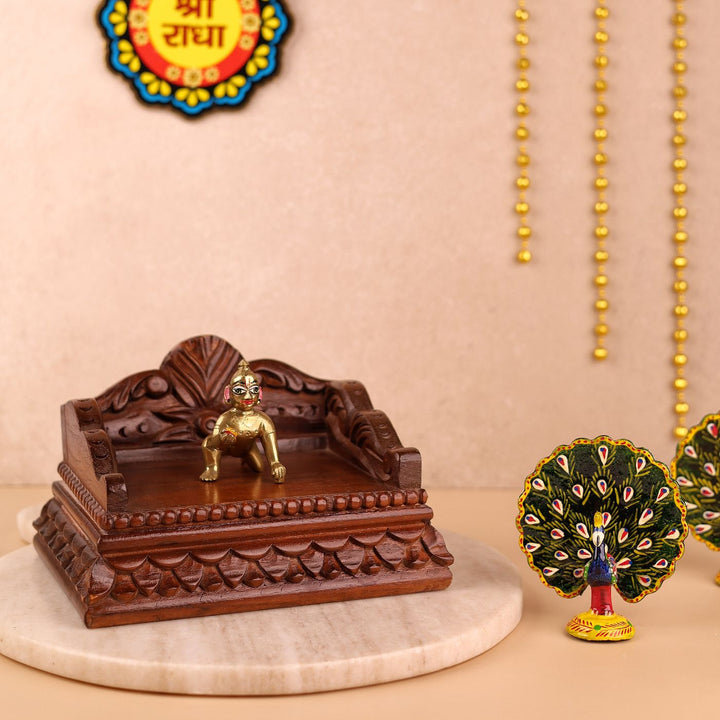 Hand Carved Intricate Floral And Leaf Carvings Wooden Laddu Gopal Singhasan