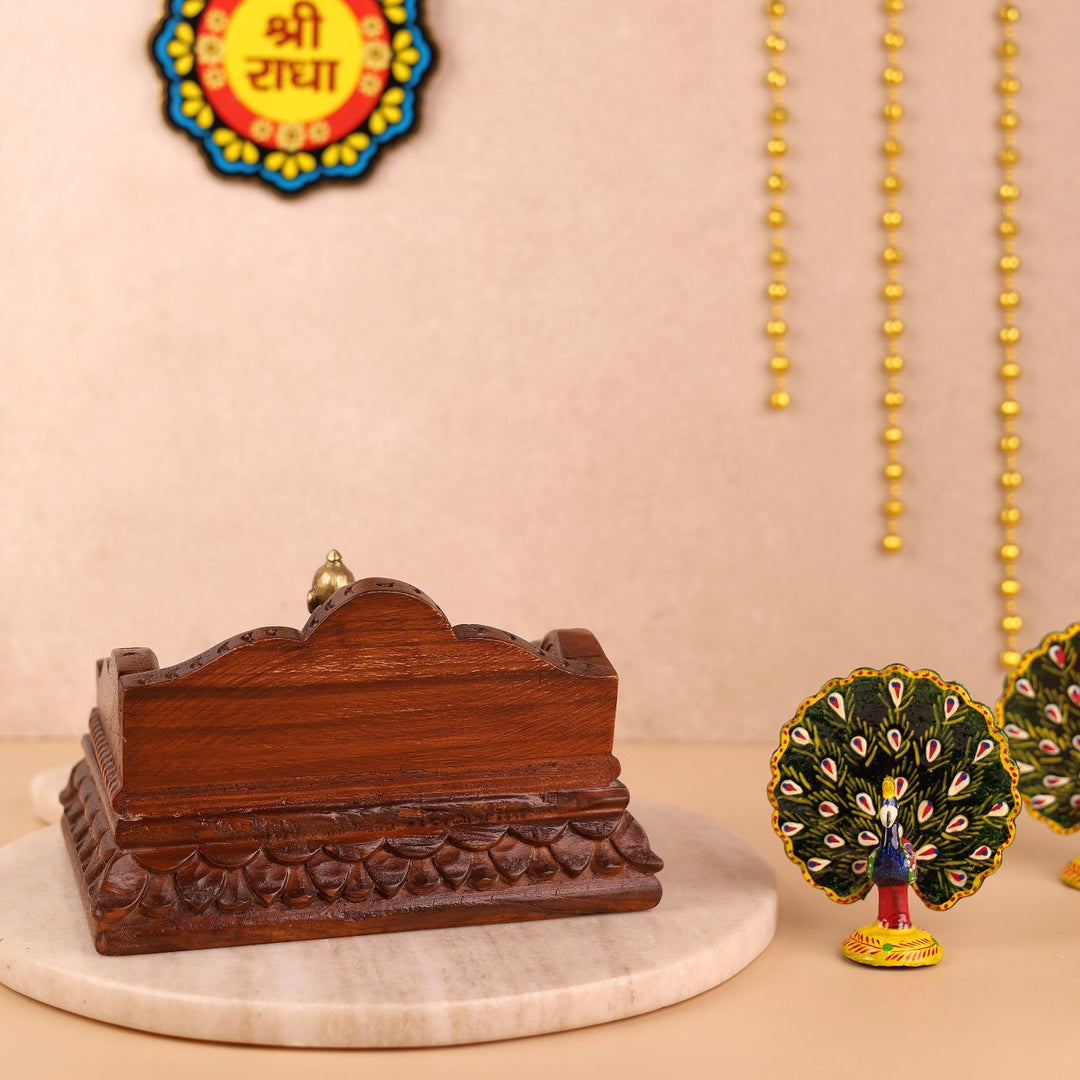 Hand Carved Intricate Floral And Leaf Carvings Wooden Laddu Gopal Singhasan