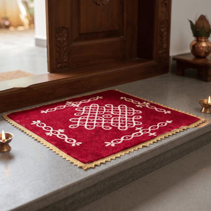 Kolam 10 Inch Reusable Hand-Painted Square Red Fabric Rangoli Mat for Festive Decor