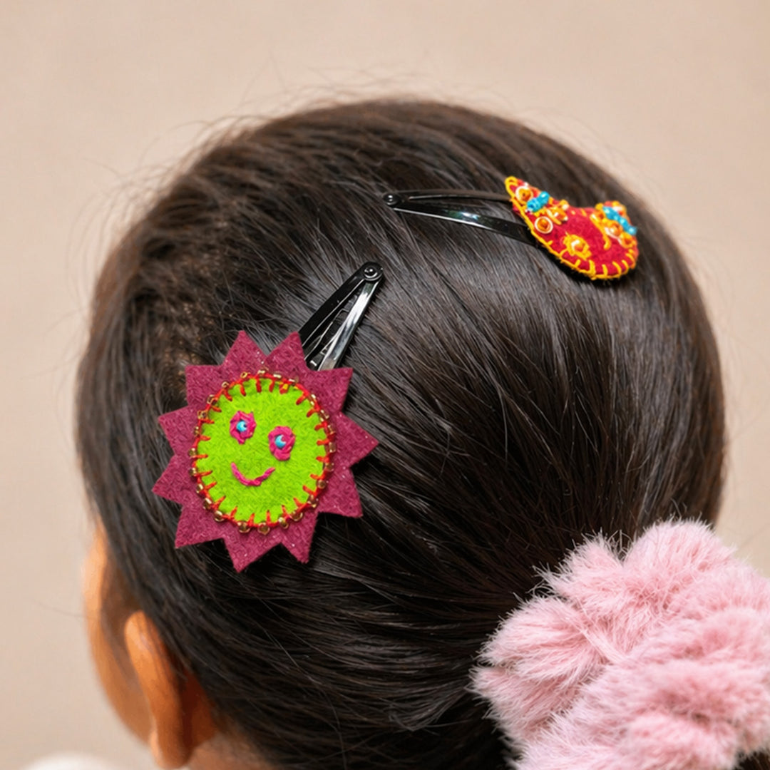 Handmade Maroon & Pink Sun Moon Hair Clips | Set of 2