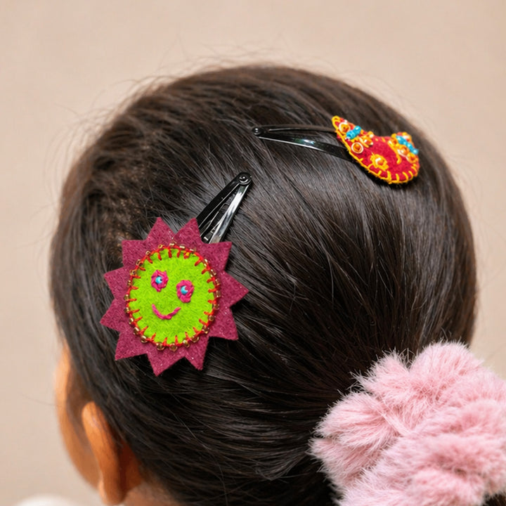 Handmade Maroon & Pink Sun Moon Hair Clips | Set of 2