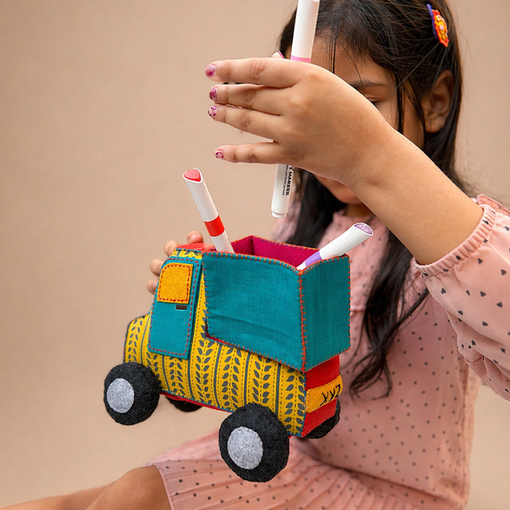 Handmade Blue & Yellow Truck Toy with Detachable Storage Box