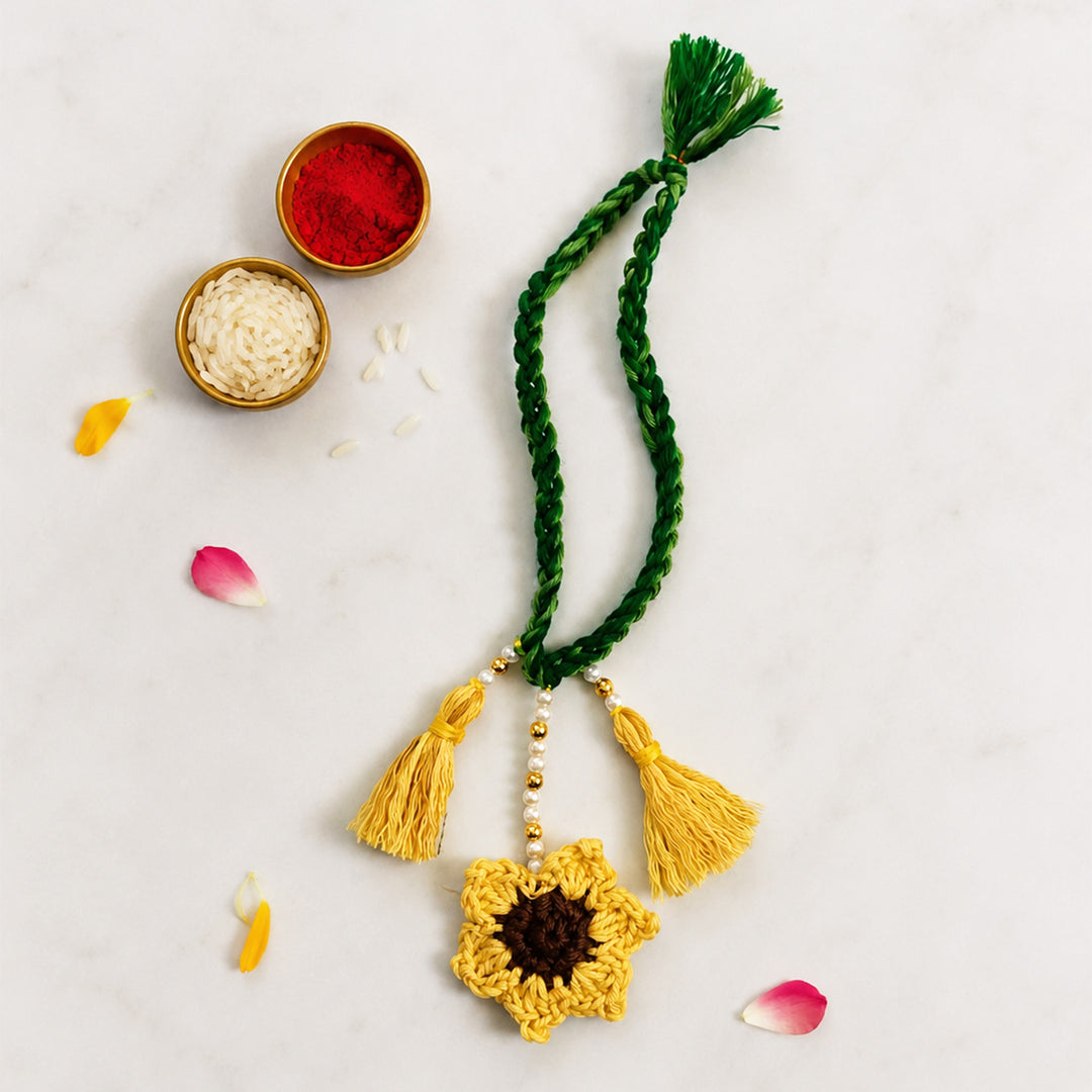 Handmade Crochet Sunflower Couple Rakhi Lumba Set With Roli Chawal for Bhaiya Bhabhi | Set Of 2