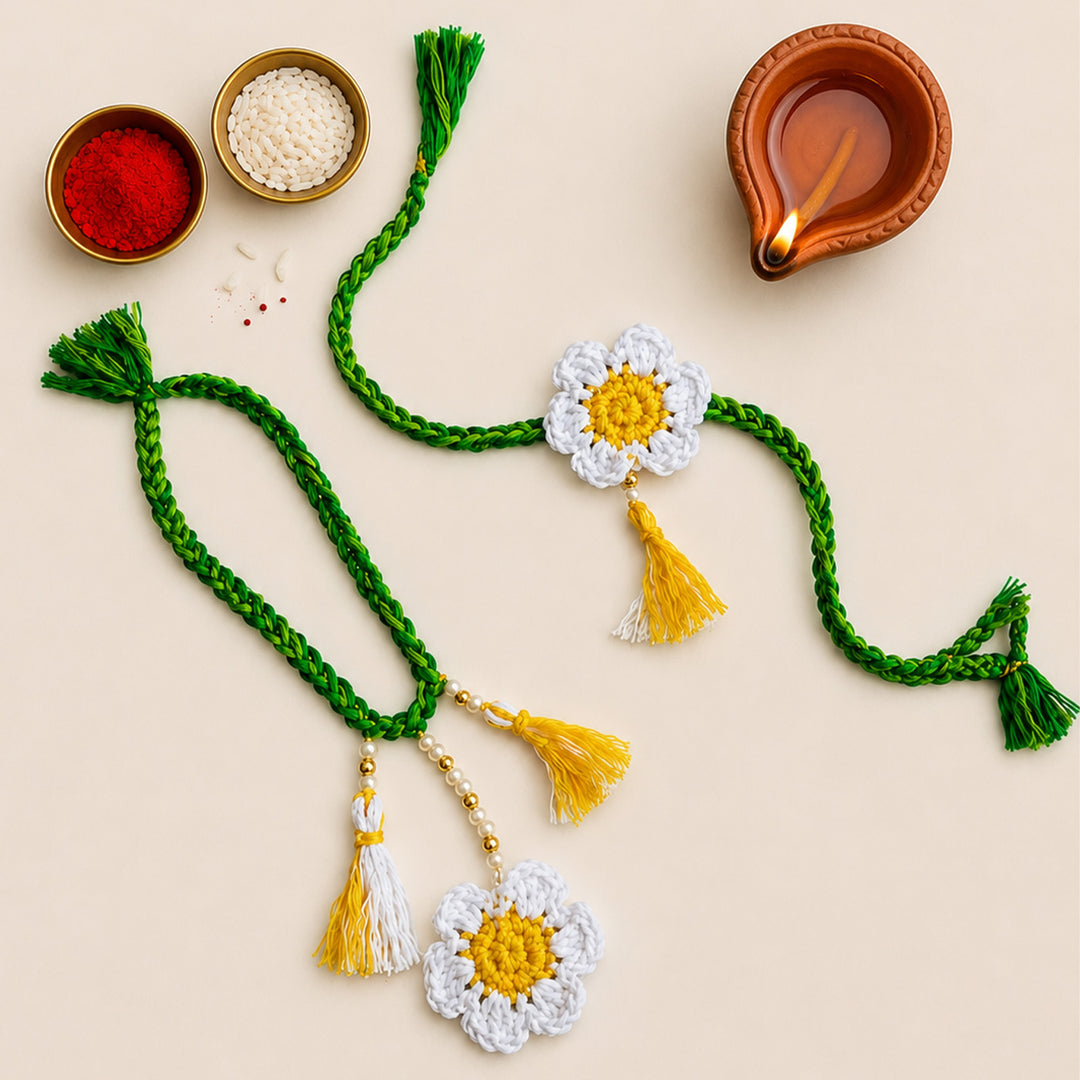 Handmade Crochet Daisy Couple Rakhi Lumba Set With Roli Chawal for Bhaiya Bhabhi | Set Of 2