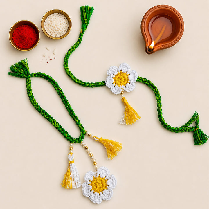 Handmade Crochet Daisy Couple Rakhi Lumba Set With Roli Chawal for Bhaiya Bhabhi | Set Of 2