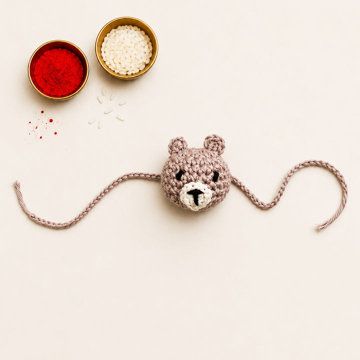 Handmade Crochet Teddy Bear Rakhi With Roli Chawal for Kids